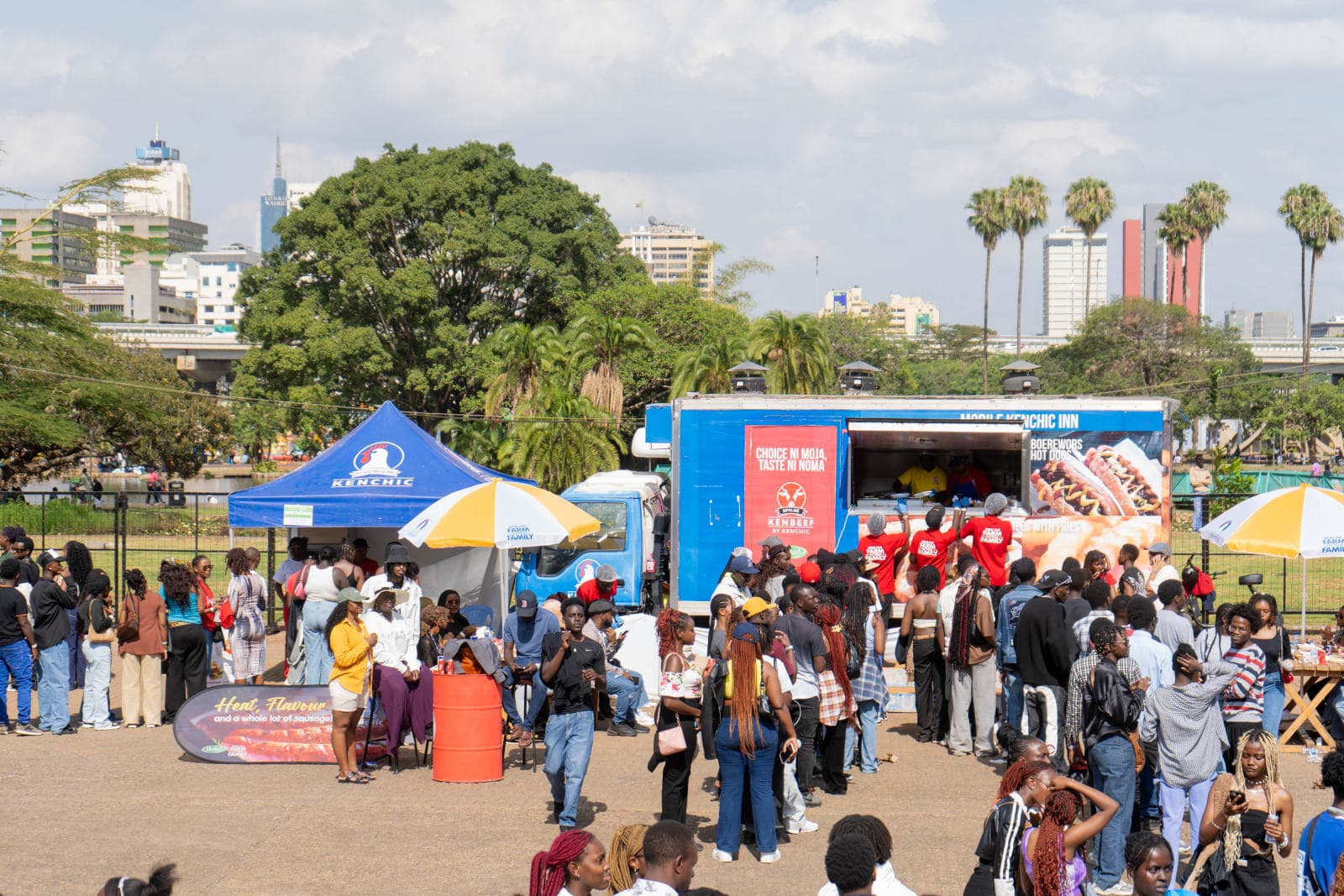 Outdoor brand activation with crowd and city skyline